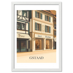 Gstaad – Luxury Shopping District - Poster featuring elegant boutiques Dior and Louis Vuitton in a serene alpine setting.