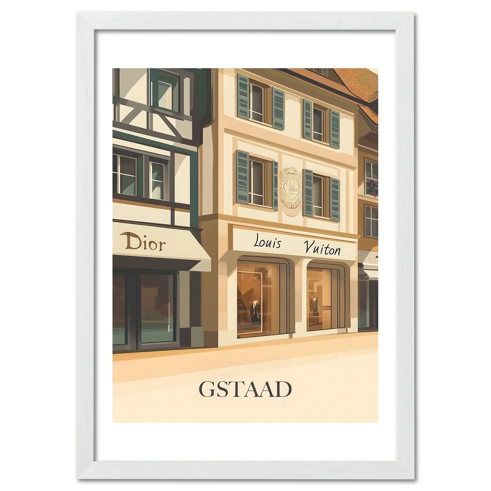 Gstaad – Luxury Shopping District - Poster featuring elegant boutiques Dior and Louis Vuitton in a serene alpine setting.