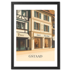Gstaad – Luxury Shopping District - Poster featuring Dior and Louis Vuitton boutiques in elegant alpine architecture.