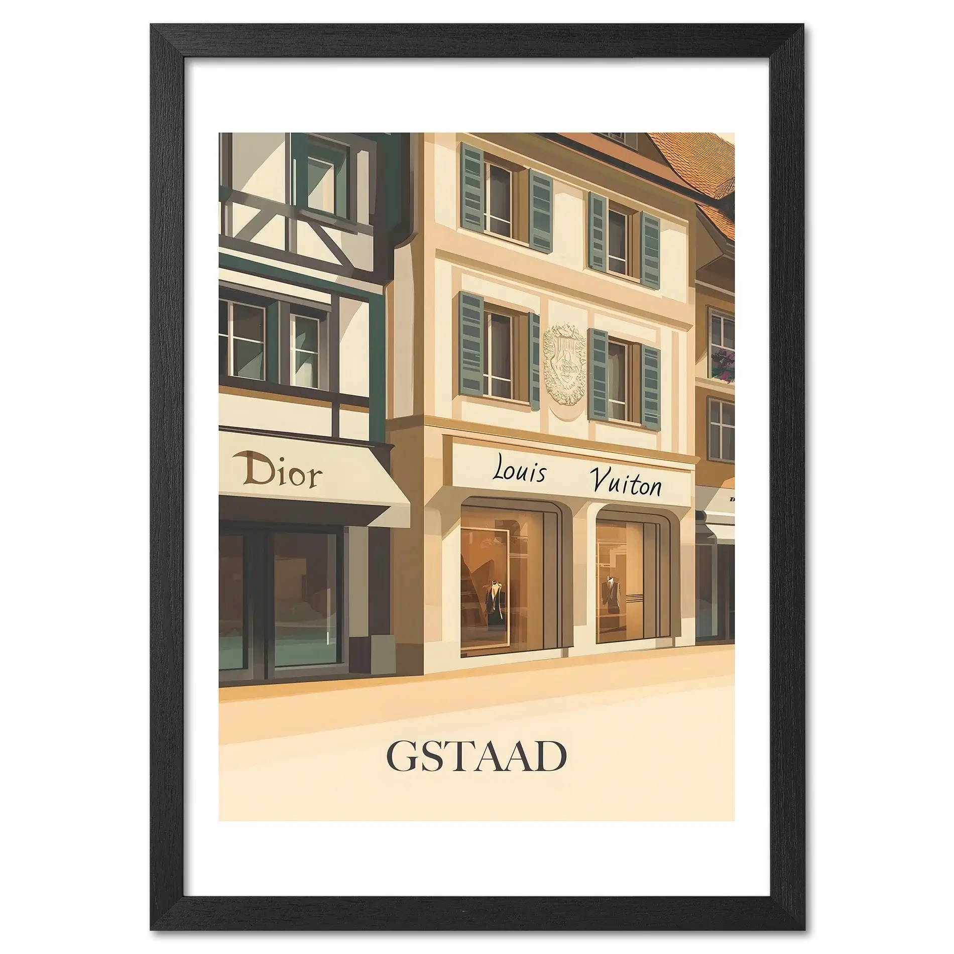 Gstaad – Luxury Shopping District - Poster featuring Dior and Louis Vuitton boutiques in elegant alpine architecture.