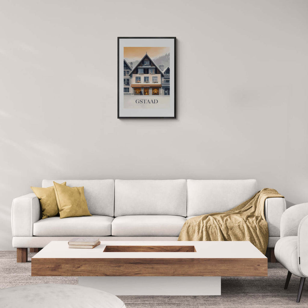 Gstaad – Luxury & Tradition - Poster displayed above a modern couch in a stylish living room setting.