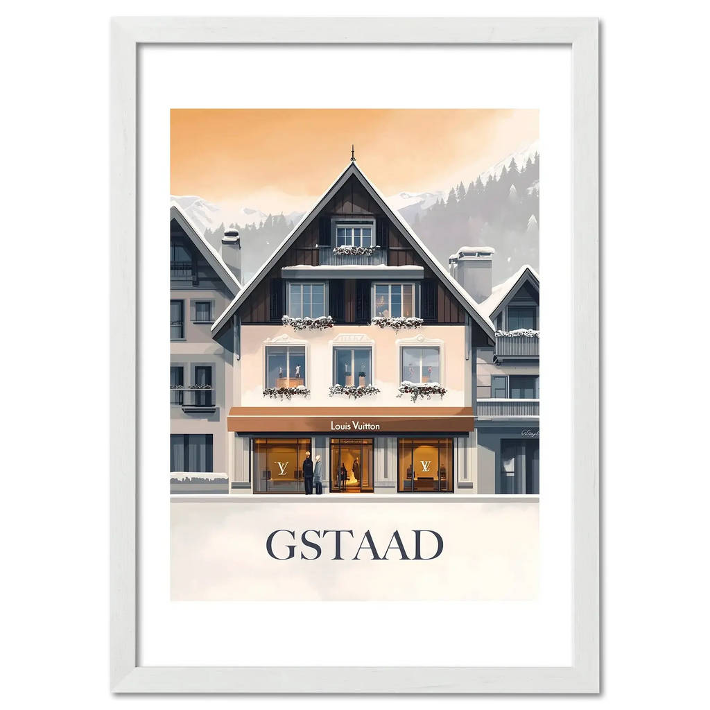 Gstaad – Luxury & Tradition - Poster featuring a boutique with snowy alpine architecture and warm lighting.