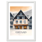 Gstaad – Luxury & Tradition - Poster featuring a boutique with snowy alpine architecture and warm lighting.