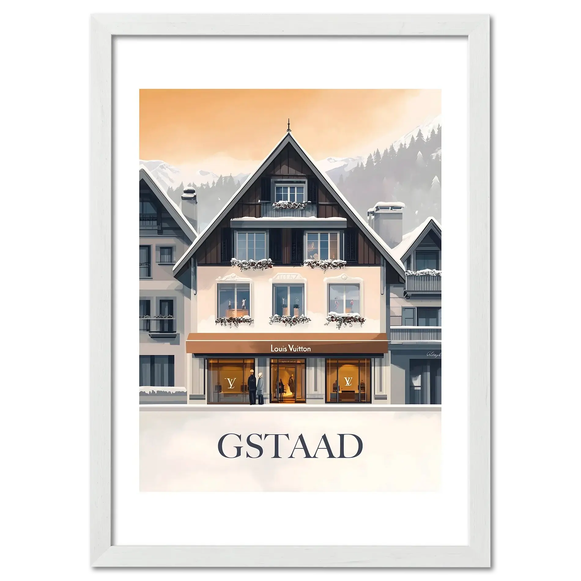 Gstaad – Luxury & Tradition - Poster featuring a boutique with snowy alpine architecture and warm lighting.