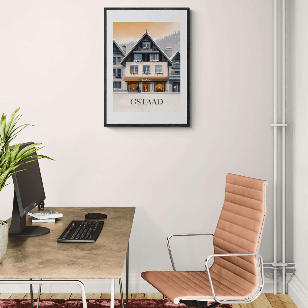 Gstaad – Luxury & Tradition - Poster displayed in a modern office, showcasing a luxury alpine boutique.