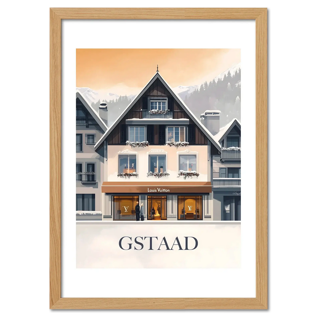 Gstaad – Luxury & Tradition - Poster showcasing a boutique with snowy mountains, warm light, and elegant architecture.