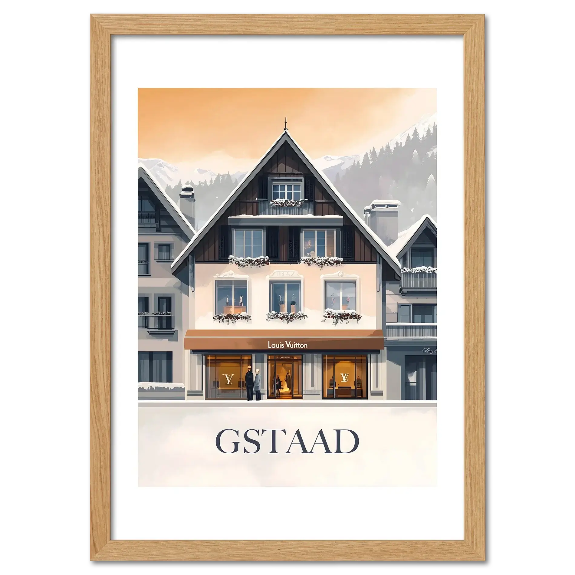 Gstaad – Luxury & Tradition - Poster showcasing a boutique with snowy mountains, warm light, and elegant architecture.