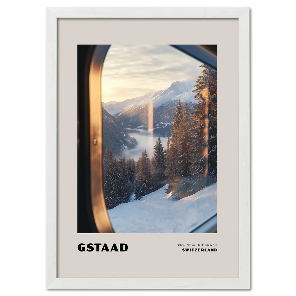 Gstaad - Where Nature Meets Elegance - Poster featuring a winter landscape view from a train window in Switzerland.