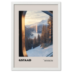 Gstaad - Where Nature Meets Elegance - Poster featuring a winter landscape view from a train window in Switzerland.