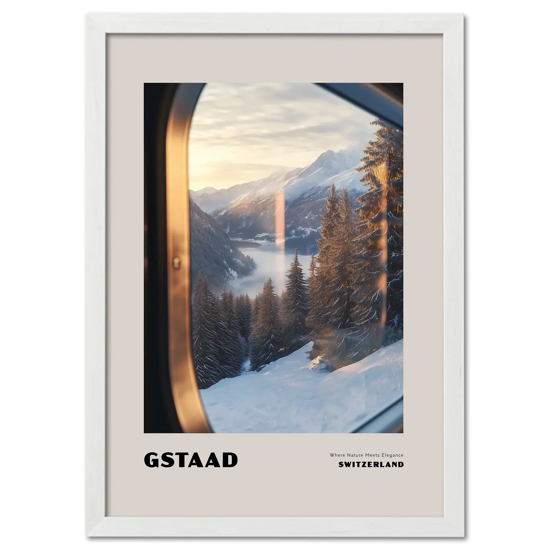 Gstaad - Where Nature Meets Elegance - Poster featuring a winter landscape view from a train window in Switzerland.