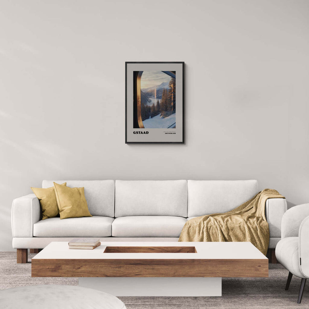 Gstaad - Where Nature Meets Elegance - Poster displayed above a modern couch in a stylish living room.