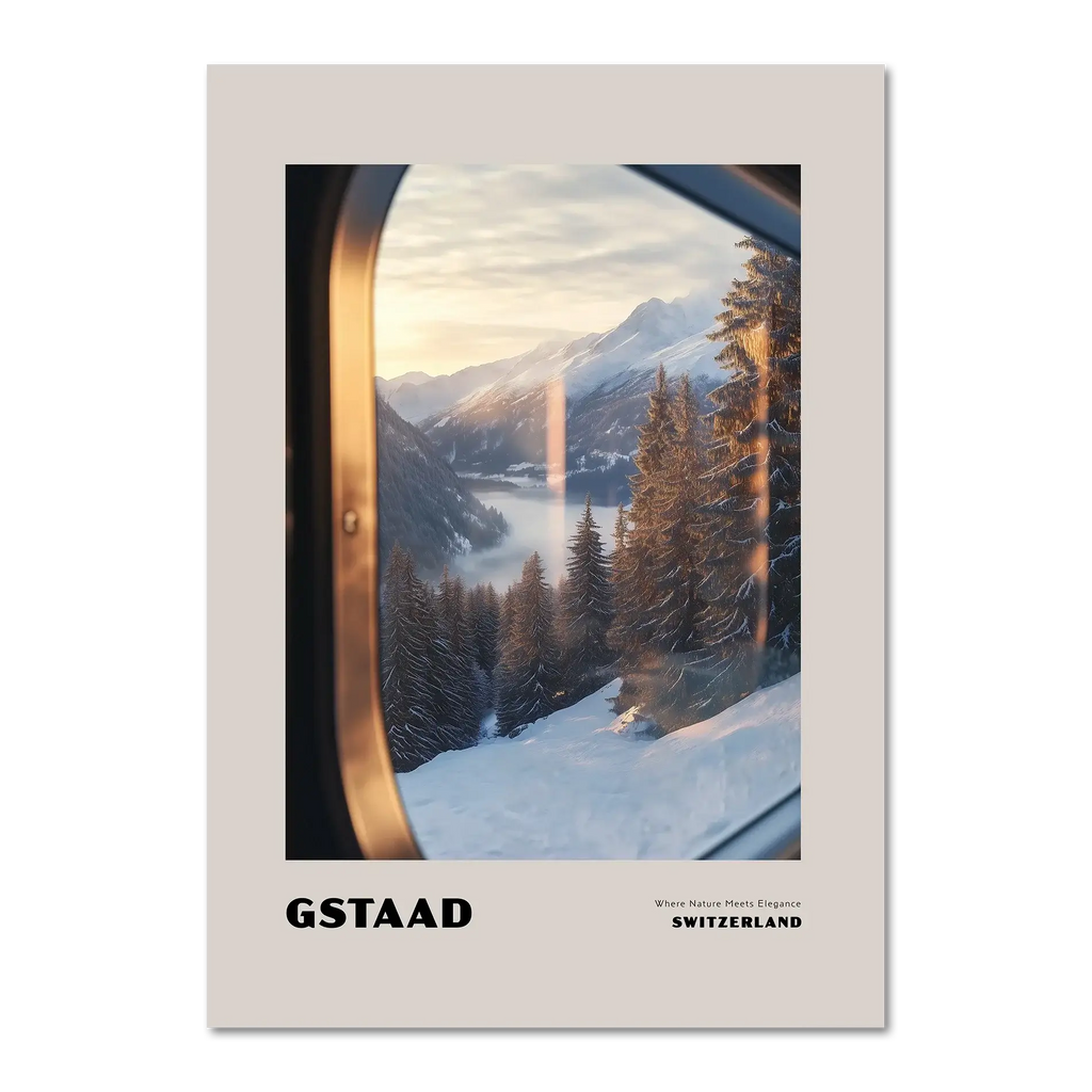 Gstaad - Where Nature Meets Elegance - Poster featuring a serene winter landscape viewed through a train window.