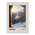 Gstaad - Where Nature Meets Elegance - Poster featuring a serene winter landscape viewed through a train window.