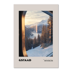 Gstaad - Where Nature Meets Elegance - Poster featuring a serene winter landscape viewed through a train window.