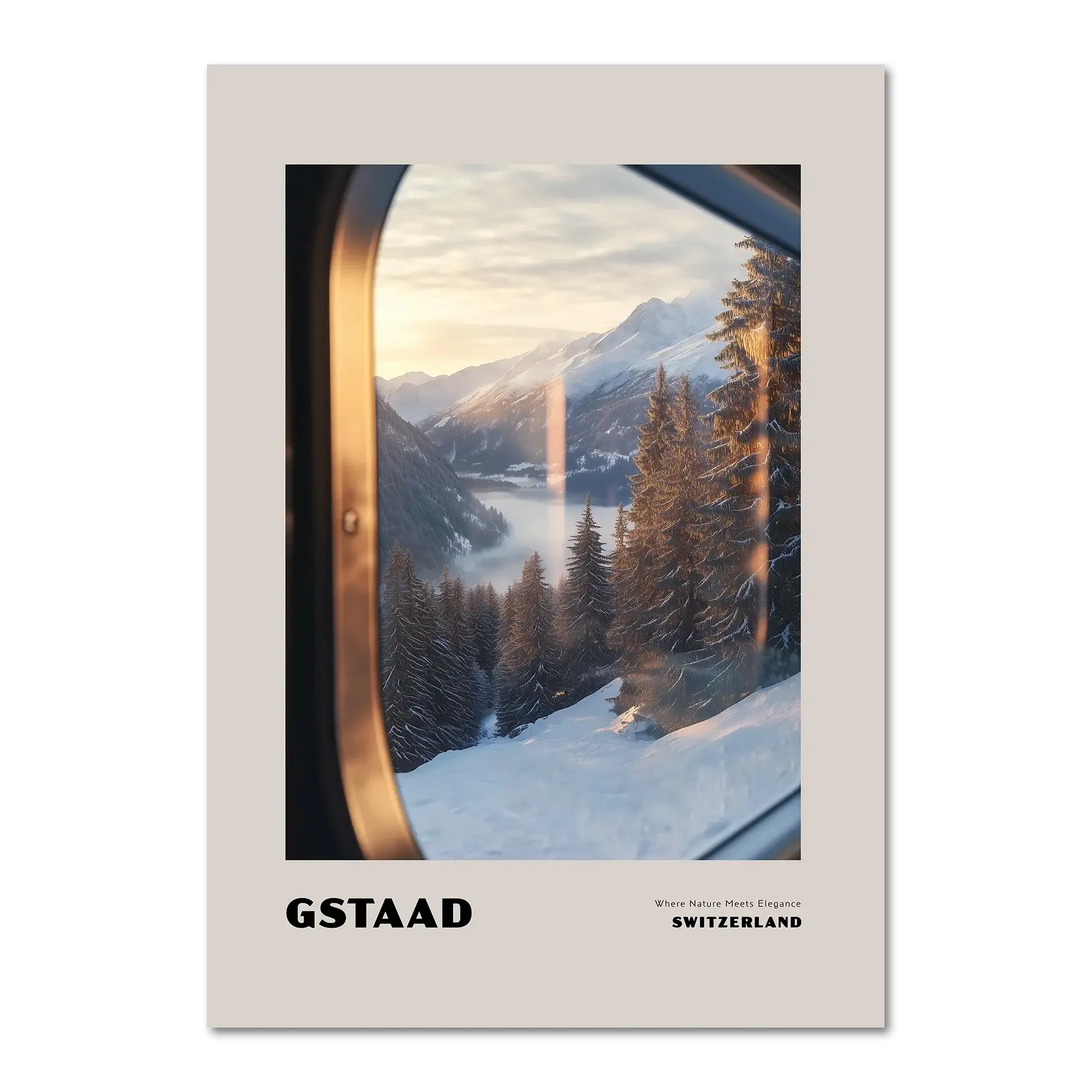 Gstaad - Where Nature Meets Elegance - Poster featuring a serene winter landscape viewed through a train window.