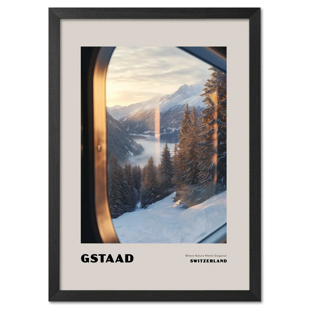Gstaad - Where Nature Meets Elegance - Poster showcasing winter landscape through train window in Switzerland.