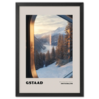 Gstaad - Where Nature Meets Elegance - Poster showcasing winter landscape through train window in Switzerland.