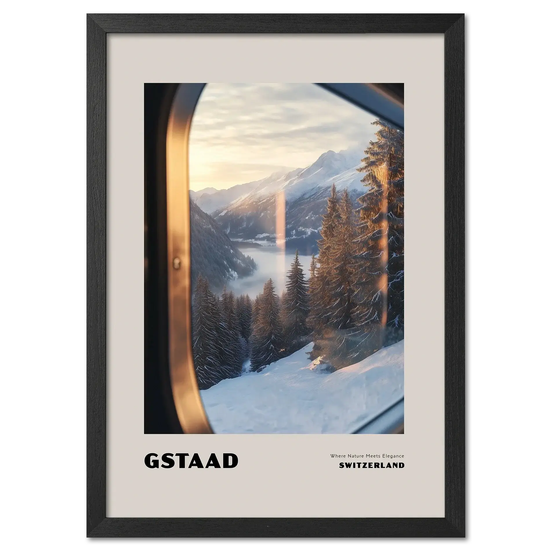 Gstaad - Where Nature Meets Elegance - Poster showcasing winter landscape through train window in Switzerland.