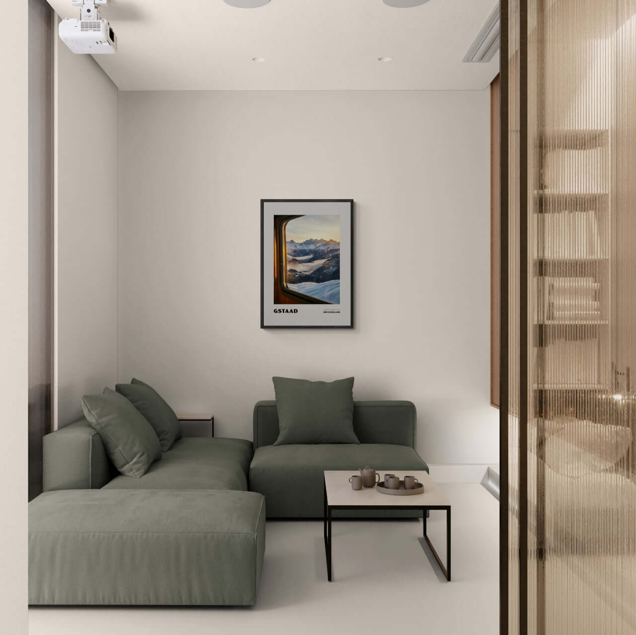Gstaad - Where Time Slows Down - Poster displayed in a modern green living room with soft furnishings and minimal decor.