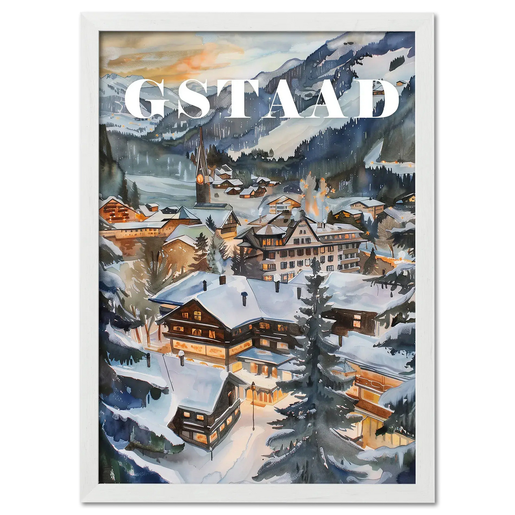 Gstaad - Poster, showcasing a snowy alpine village at dusk with glowing chalets and peaceful atmosphere.