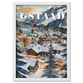 Gstaad - Poster, showcasing a snowy alpine village at dusk with glowing chalets and peaceful atmosphere.