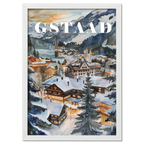 Gstaad - Poster, showcasing a snowy alpine village at dusk with glowing chalets and peaceful atmosphere.