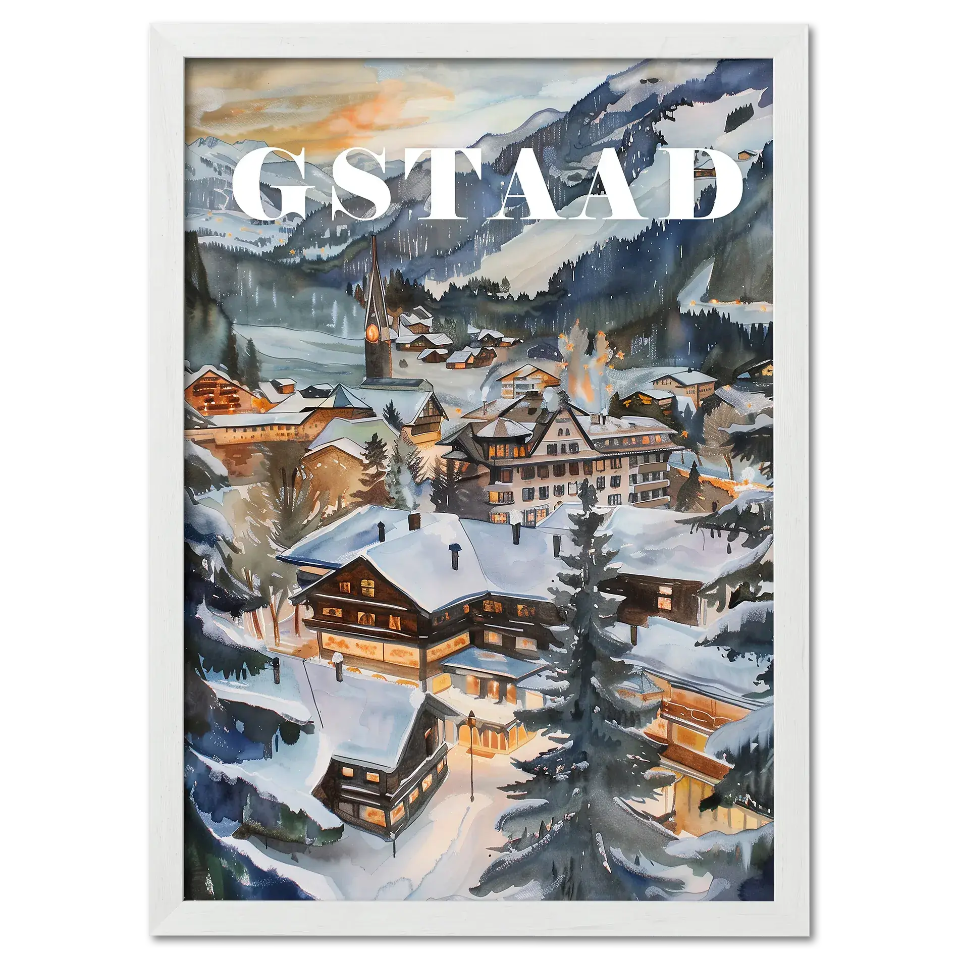 Gstaad - Poster, showcasing a snowy alpine village at dusk with glowing chalets and peaceful atmosphere.