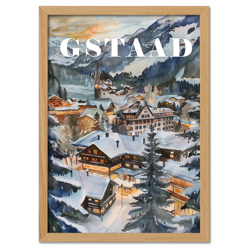 Gstaad - Poster depicting a snowy alpine village at dusk with warm lights and cozy chalets, surrounded by mountains.