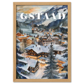 Gstaad - Poster depicting a snowy alpine village at dusk with warm lights and cozy chalets, surrounded by mountains.