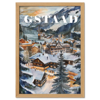 Gstaad - Poster depicting a snowy alpine village at dusk with warm lights and cozy chalets, surrounded by mountains.