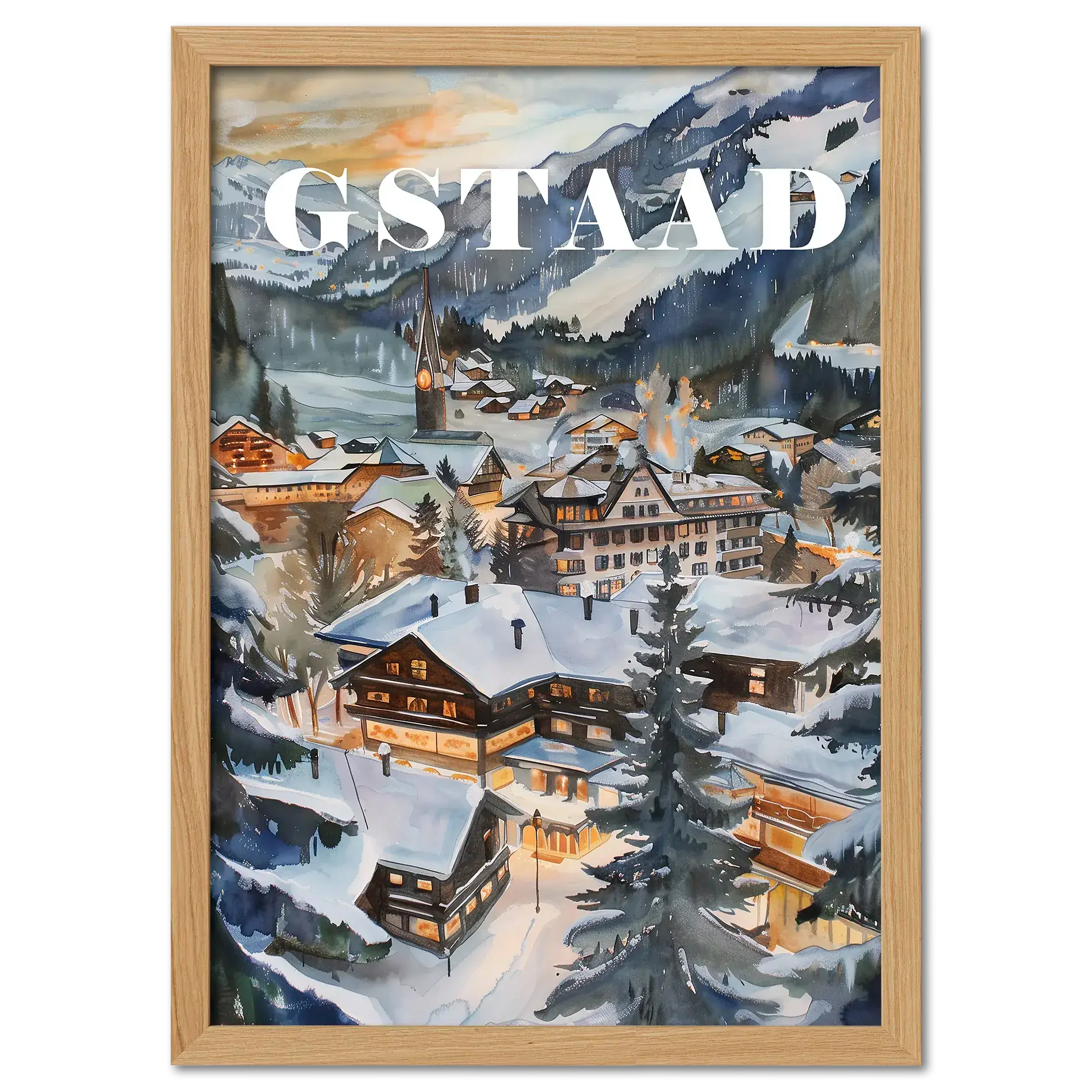 Gstaad - Poster depicting a snowy alpine village at dusk with warm lights and cozy chalets, surrounded by mountains.