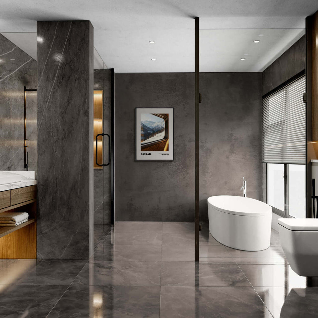 Gstaad - A Window to the Past, Calling You Back- Poster displayed in a modern bathroom interior.