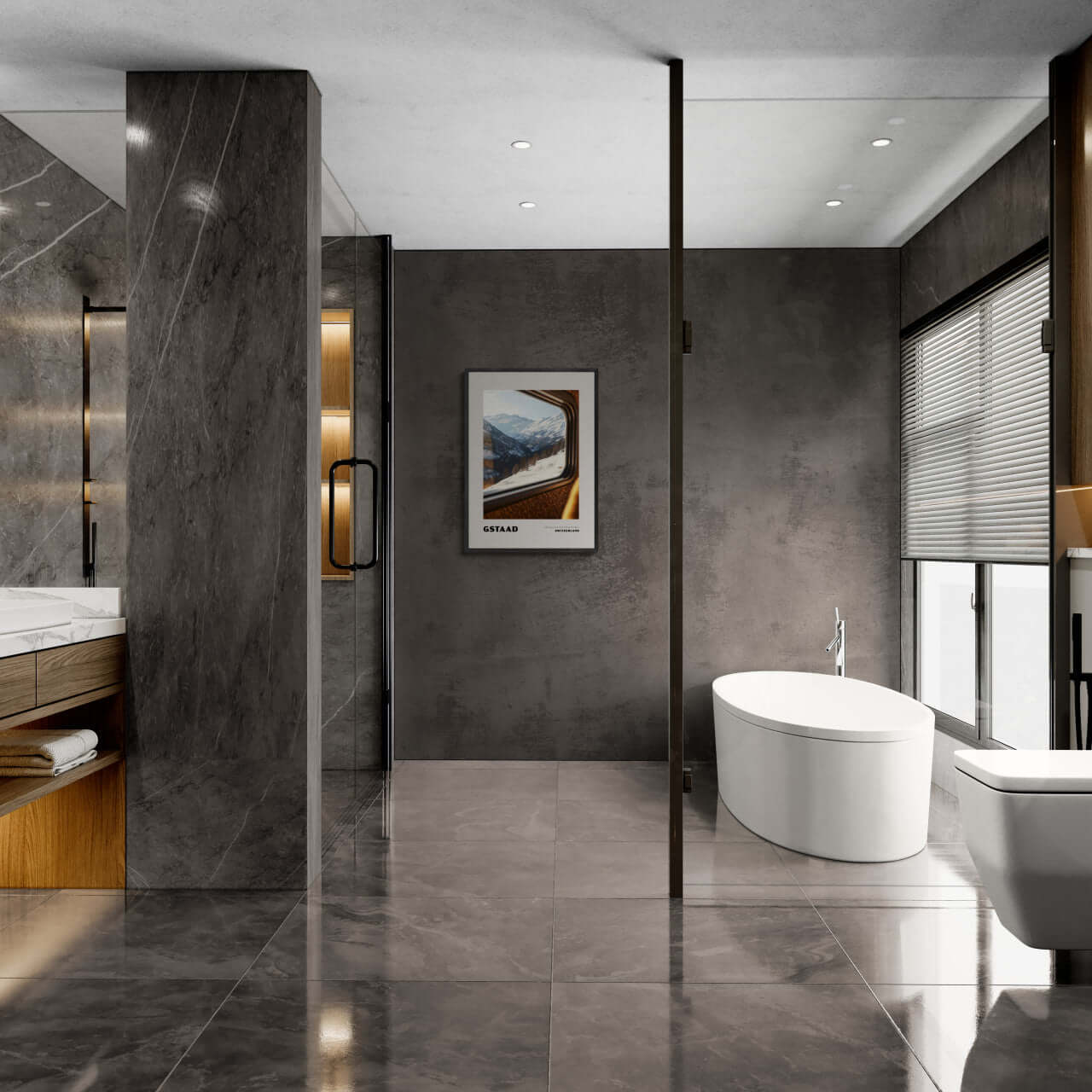 Gstaad - A Window to the Past, Calling You Back- Poster displayed in a modern bathroom interior.