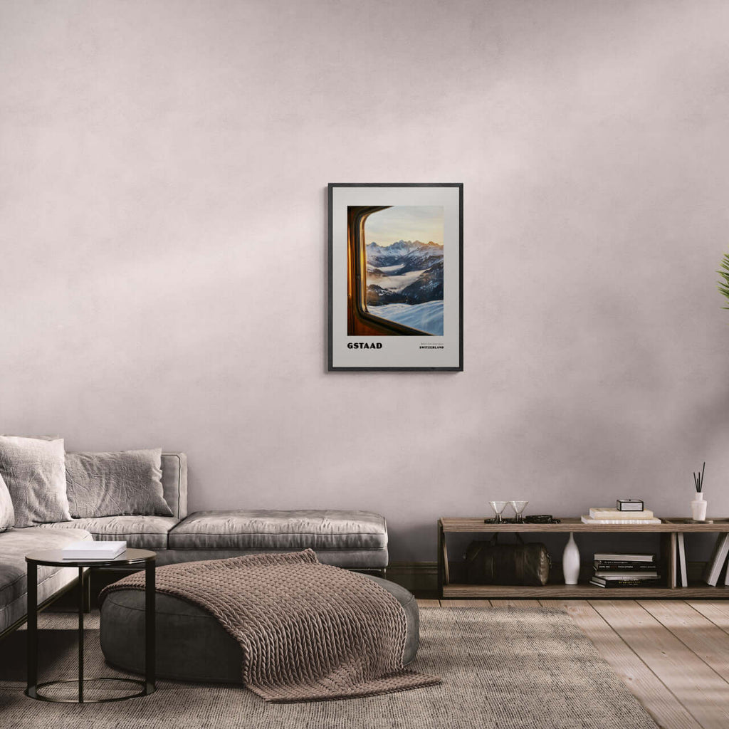 Gstaad - Where Time Slows Down - Poster displayed on a cozy wall, enhancing modern wall art decor.