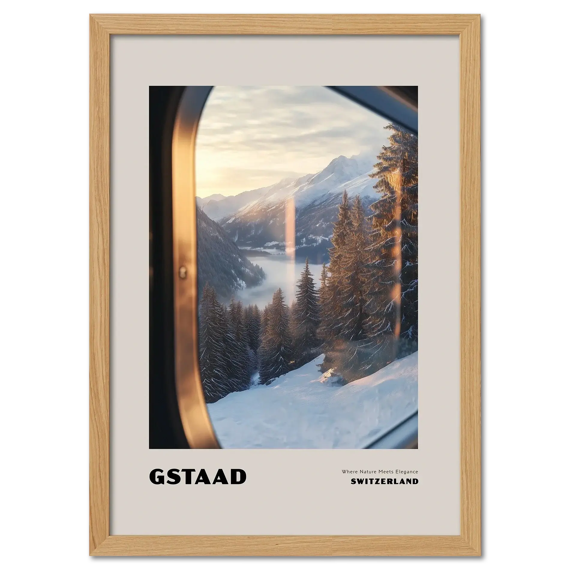 Gstaad - Where Nature Meets Elegance - Poster featuring a serene winter landscape of Gstaad, Switzerland.