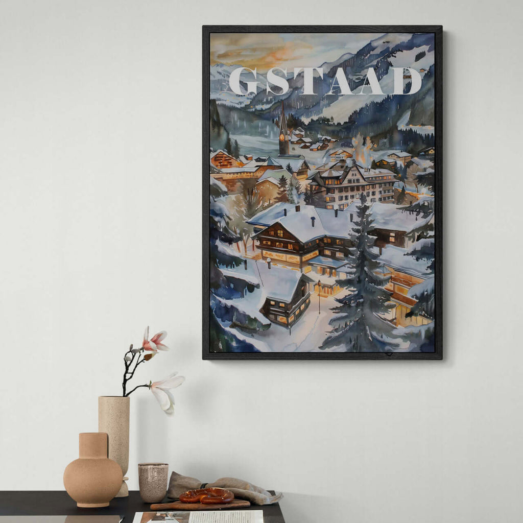 Gstaad - Poster artwork featuring a snowy alpine village with warm lights and mountains in the background.