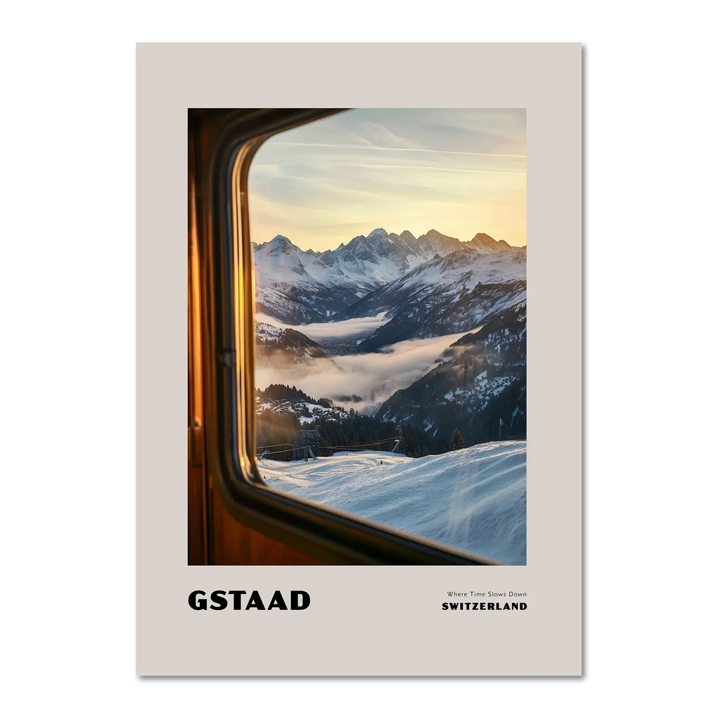 Gstaad - Where Time Slows Down - Poster capturing a serene winter view of snowy mountains in Switzerland.