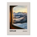 Gstaad - Where Time Slows Down - Poster capturing a serene winter view of snowy mountains in Switzerland.
