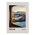 Gstaad - Where Time Slows Down - Poster capturing a serene winter view of snowy mountains in Switzerland.