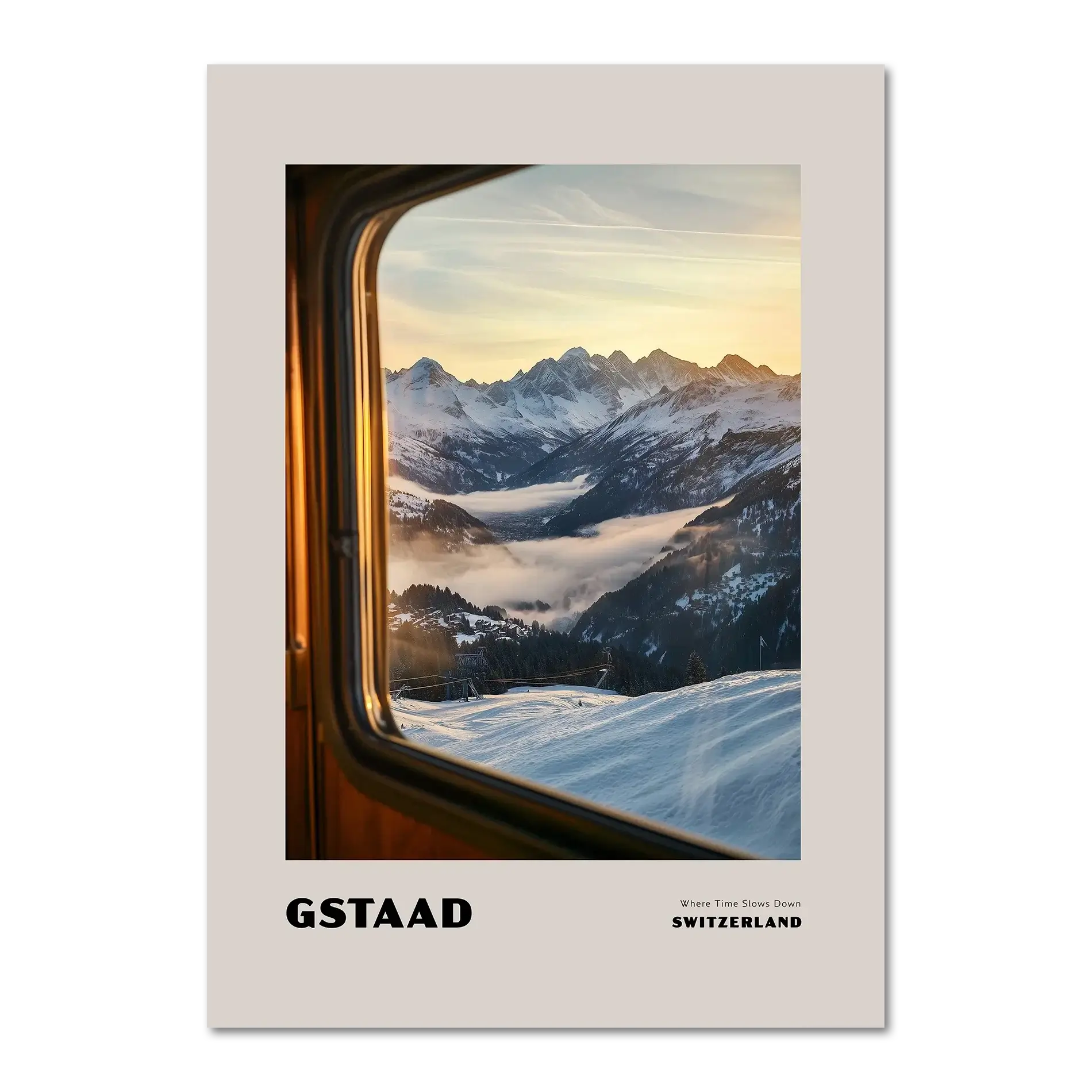 Gstaad - Where Time Slows Down - Poster capturing a serene winter view of snowy mountains in Switzerland.