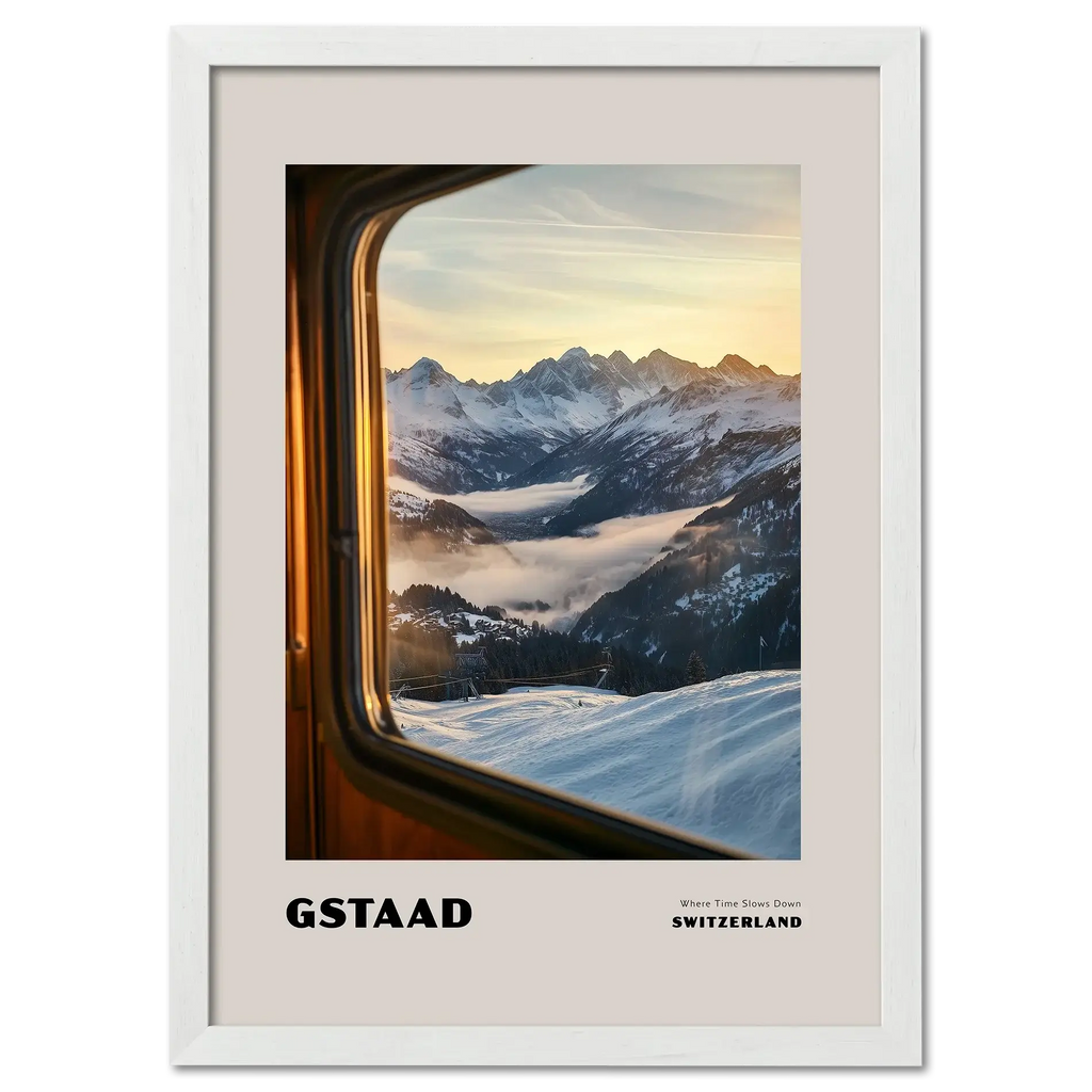 Gstaad - Where Time Slows Down - Poster showcasing a serene winter view from a train window in Switzerland.