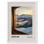 Gstaad - Where Time Slows Down - Poster showcasing a serene winter view from a train window in Switzerland.