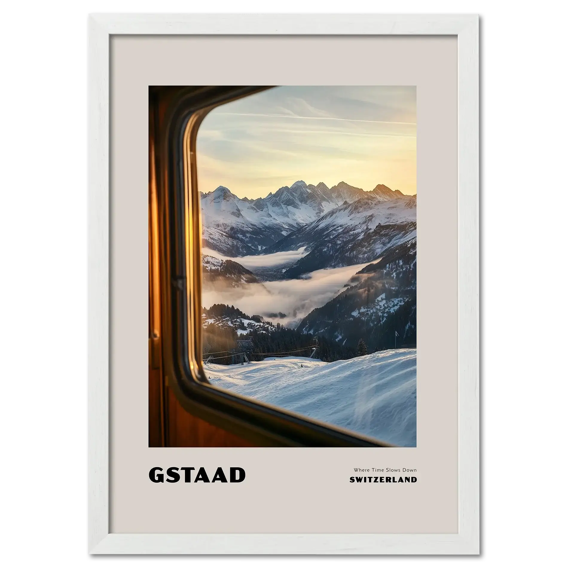Gstaad - Where Time Slows Down - Poster showcasing a serene winter view from a train window in Switzerland.