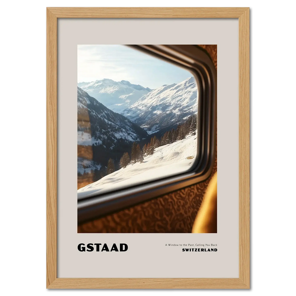 Gstaad - A Window to the Past, Calling You Back- Poster featuring snowy mountains viewed from a train window.