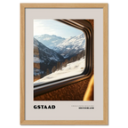 Gstaad - A Window to the Past, Calling You Back- Poster featuring snowy mountains viewed from a train window.
