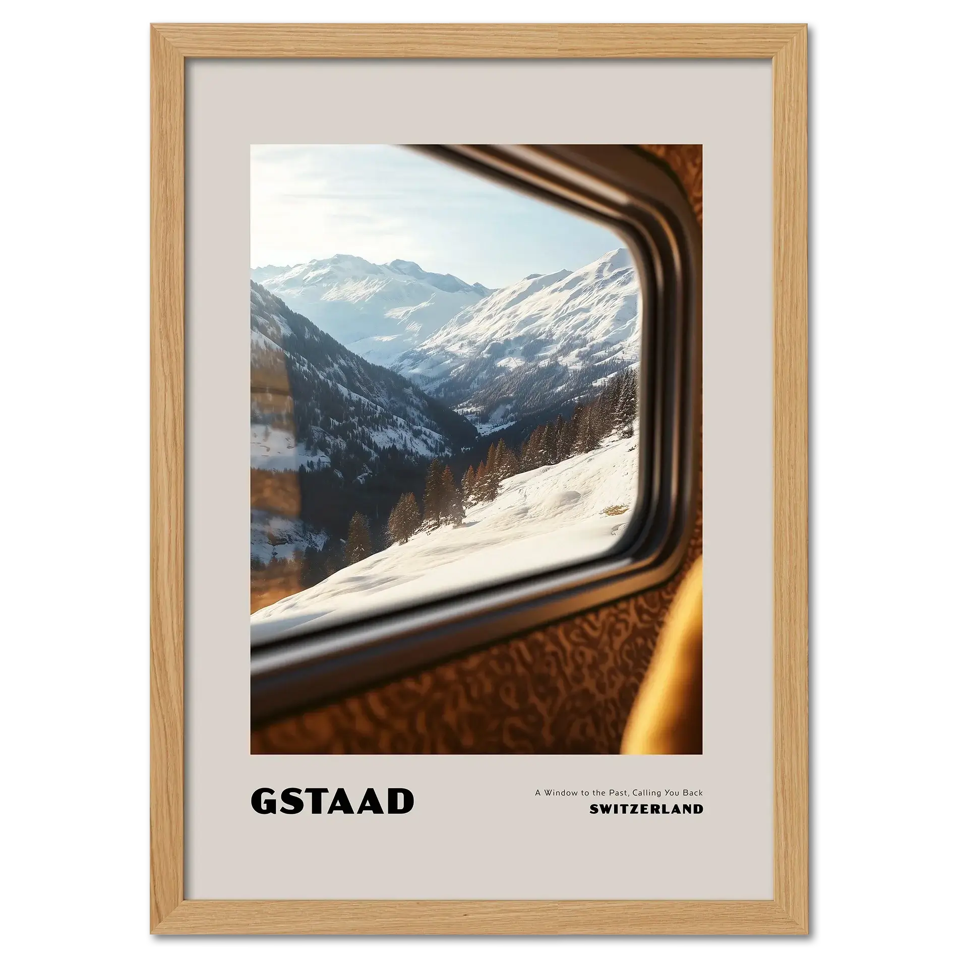 Gstaad - A Window to the Past, Calling You Back- Poster featuring snowy mountains viewed from a train window.