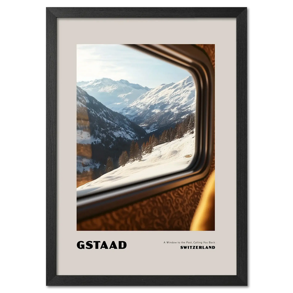 Gstaad - A Window to the Past, Calling You Back- Poster showcasing a winter mountain view from a train window in Switzerland.