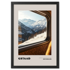 Gstaad - A Window to the Past, Calling You Back- Poster showcasing a winter mountain view from a train window in Switzerland.