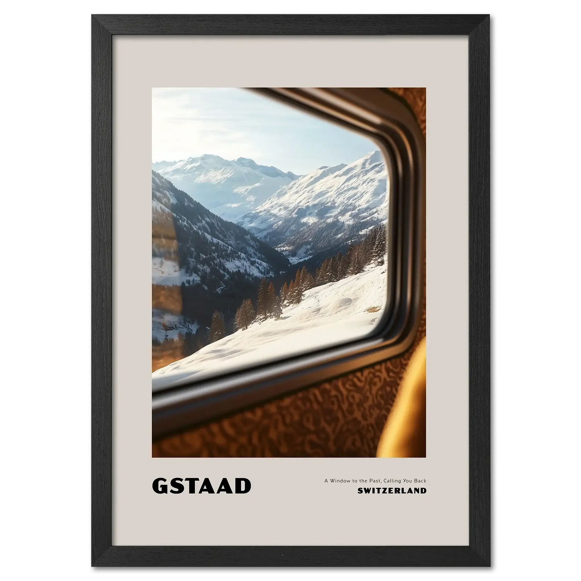 Gstaad - A Window to the Past, Calling You Back- Poster showcasing a winter mountain view from a train window in Switzerland.