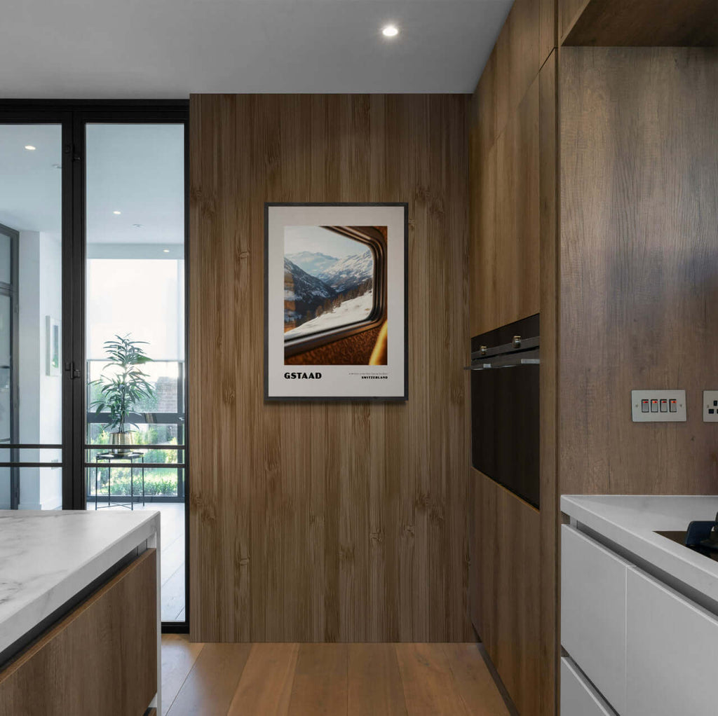 Gstaad - A Window to the Past, Calling You Back- Poster displayed in a modern kitchen, enhancing wall art ambience.
